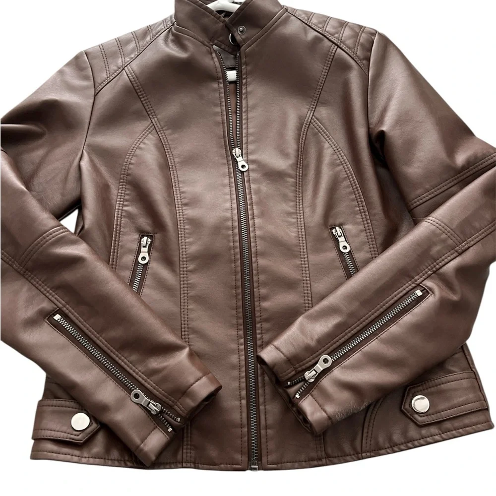 Brown Faux Leather Moto Jacket EUC